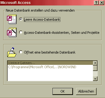 Datenbank-Eröffnungsfenster